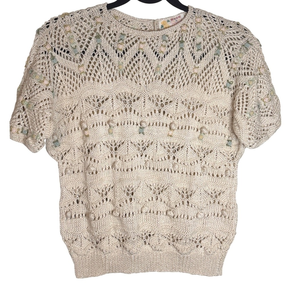 Vintage Handmade Pointelle Knit Short Sleeve Sweater M Openwork Cottage Rosettes